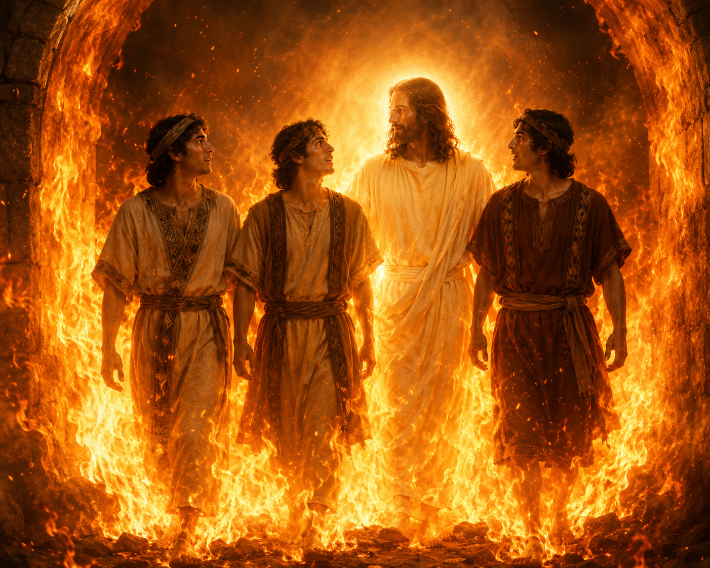 The three Hebrew men walking unharmed in the fiery furnace with the presence of God, illustrating that God was already present before the fire began.