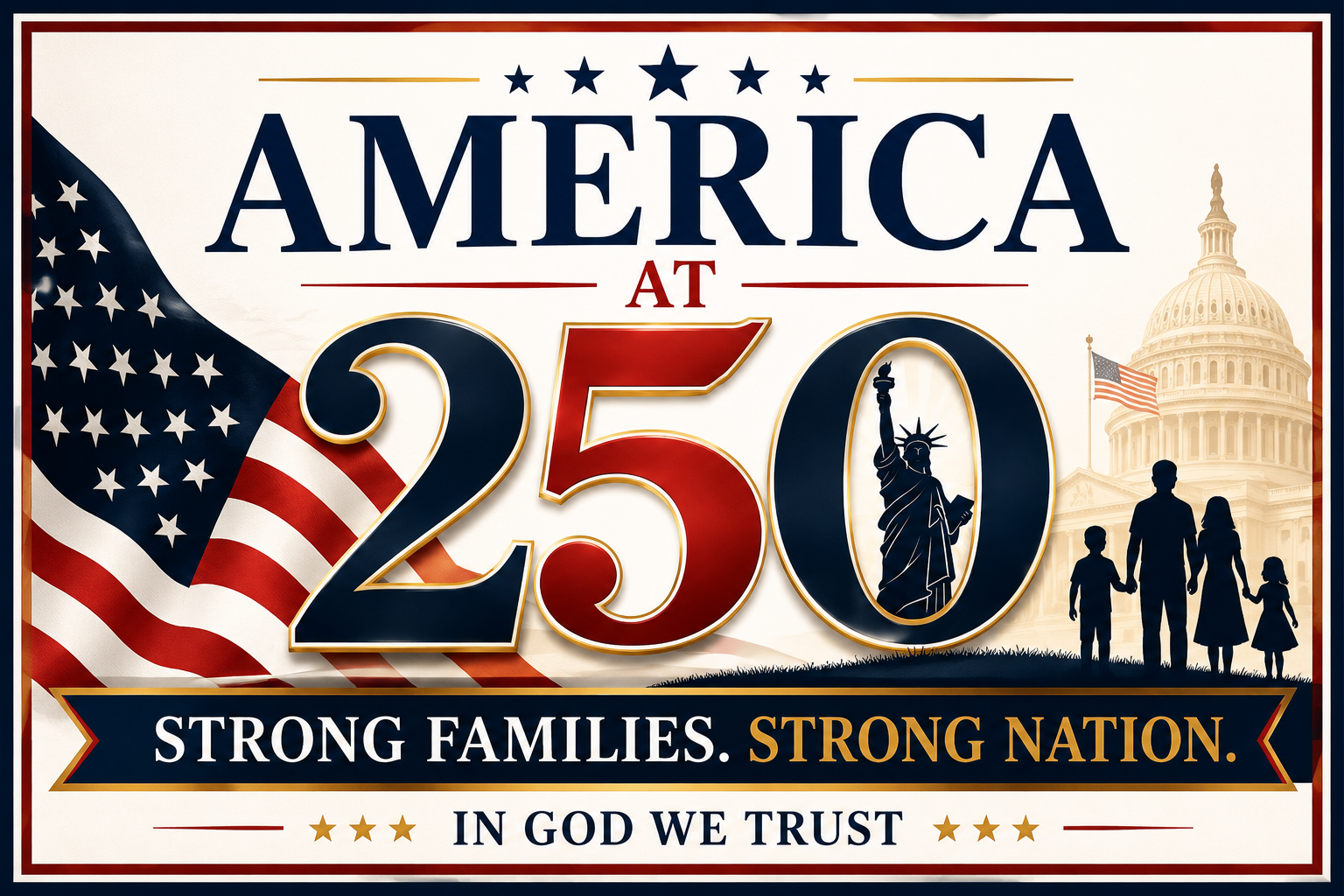America at 250 featuring Strong Families, Strong Nation and In God We Trust celebrating America’s 250th anniversary.